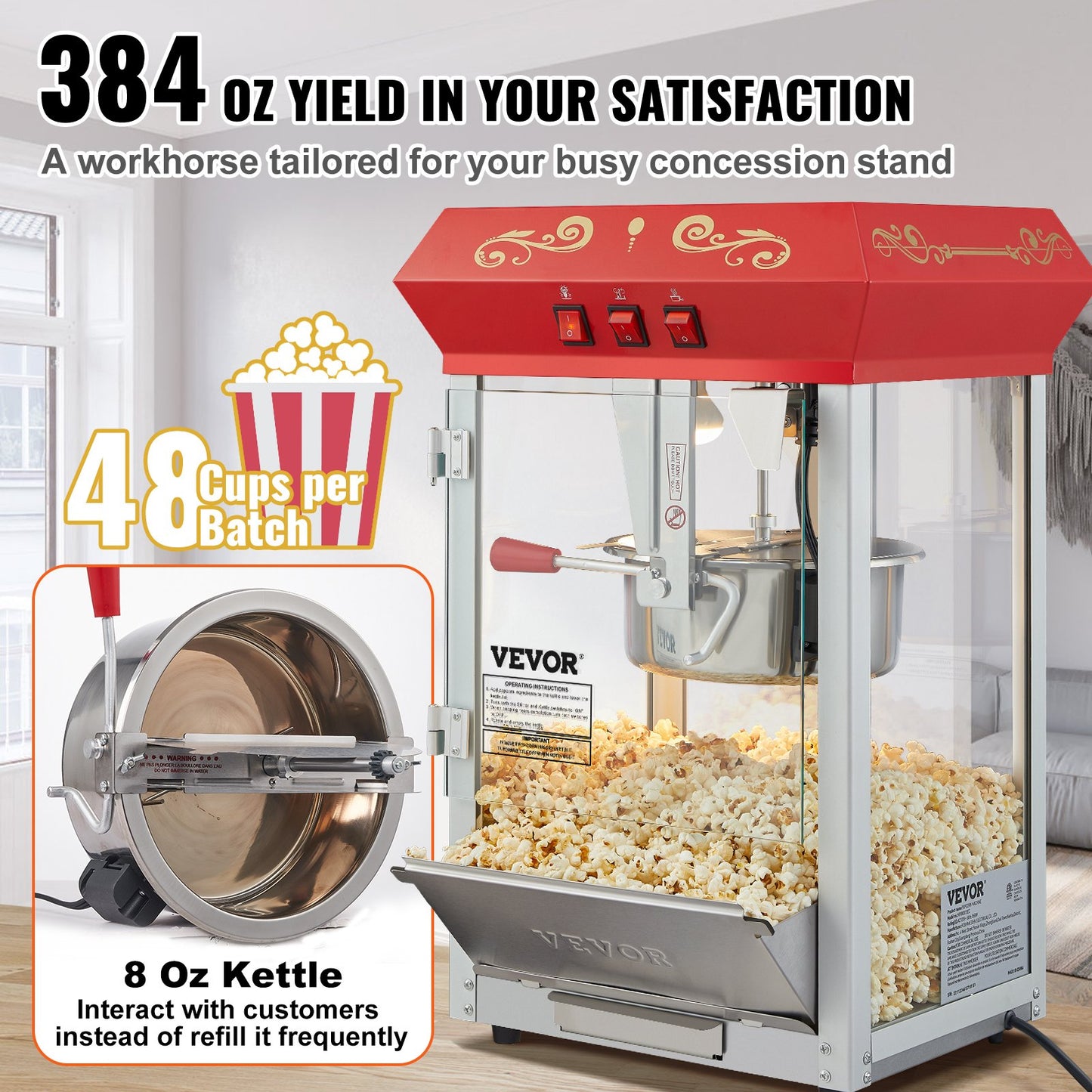 Popcornmaskin, 850W popcornmaskin, 225 g vattenkokare ger 48 koppar per sats, popcornmaskin för bänkskiva med härdat glas, inkluderar 4 skopor, biostil, röd