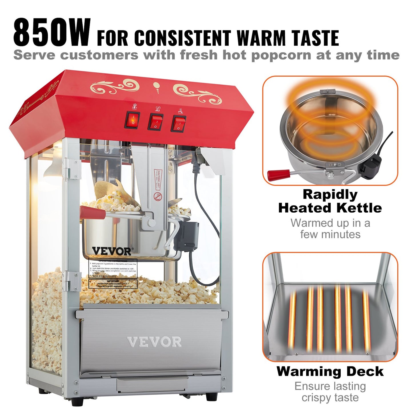 Popcornmaskin, 850W popcornmaskin, 225 g vattenkokare ger 48 koppar per sats, popcornmaskin för bänkskiva med härdat glas, inkluderar 4 skopor, biostil, röd