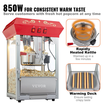 Popcornmaskin, 850W popcornmaskin, 225 g vattenkokare ger 48 koppar per sats, popcornmaskin för bänkskiva med härdat glas, inkluderar 4 skopor, biostil, röd