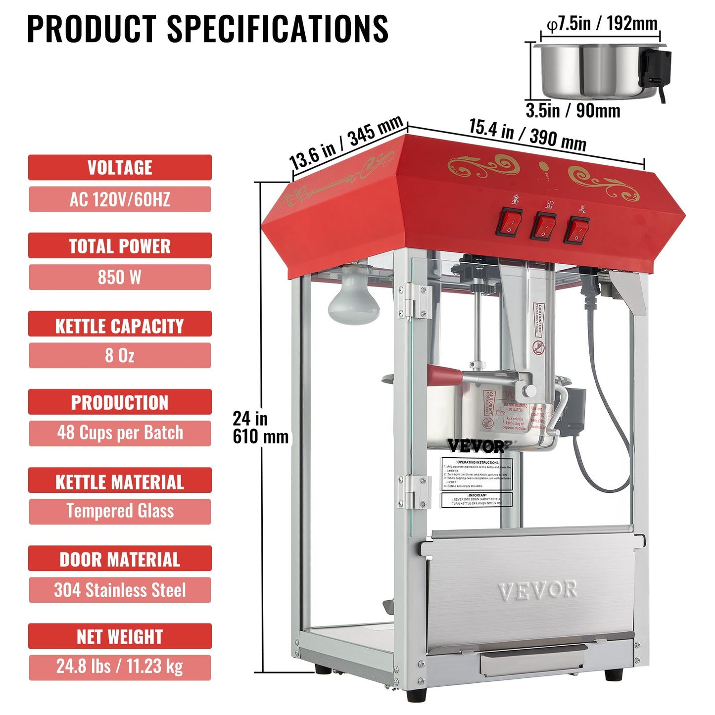 Popcornmaskin, 850W popcornmaskin, 225 g vattenkokare ger 48 koppar per sats, popcornmaskin för bänkskiva med härdat glas, inkluderar 4 skopor, biostil, röd