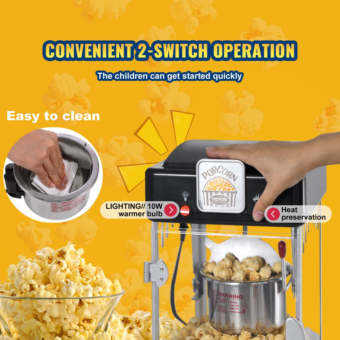Popcornmaskin, 300W popcornmaskin, 2,5 oz vattenkokare ger 4 qt per sats, bordspopcornmaskin med PP-dörr, inkluderar 2 skopor och bricka, biostil, svart