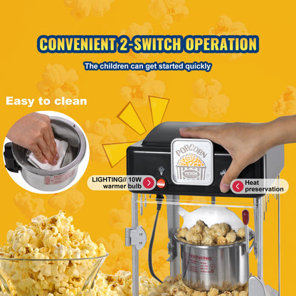 Popcornmaskin, 300W popcornmaskin, 2,5 oz vattenkokare ger 4 qt per sats, bordspopcornmaskin med PP-dörr, inkluderar 2 skopor och bricka, biostil, svart