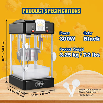 Popcornmaskin, 300W popcornmaskin, 2,5 oz vattenkokare ger 4 qt per sats, bordspopcornmaskin med PP-dörr, inkluderar 2 skopor och bricka, biostil, svart