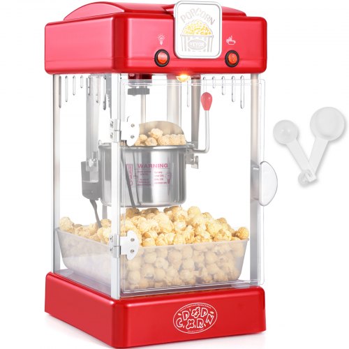 Popcornmaskin, 300W popcornmaskin, 2,5 oz vattenkokare ger 4 qt per sats, bordspopcornmaskin med PP-dörr, inkluderar 2 skopor och bricka, biostil, röd