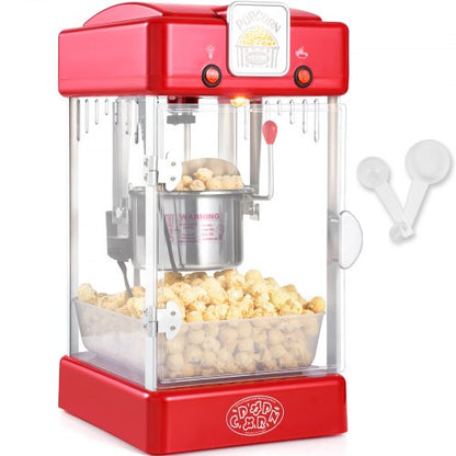 Popcornmaskin, 300W popcornmaskin, 2,5 oz vattenkokare ger 4 qt per sats, bordspopcornmaskin med PP-dörr, inkluderar 2 skopor och bricka, biostil, röd