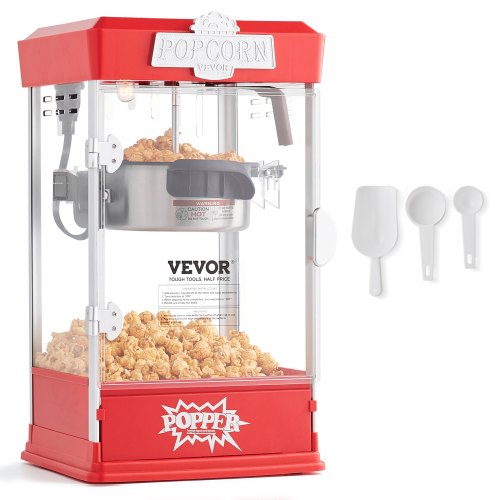Popcornmaskin, 480W popcornmaskin, 115 ml vattenkokare ger 5,5 liter per sats, bordspopcornmaskin, inkluderar 3 skopor, biostil, röd