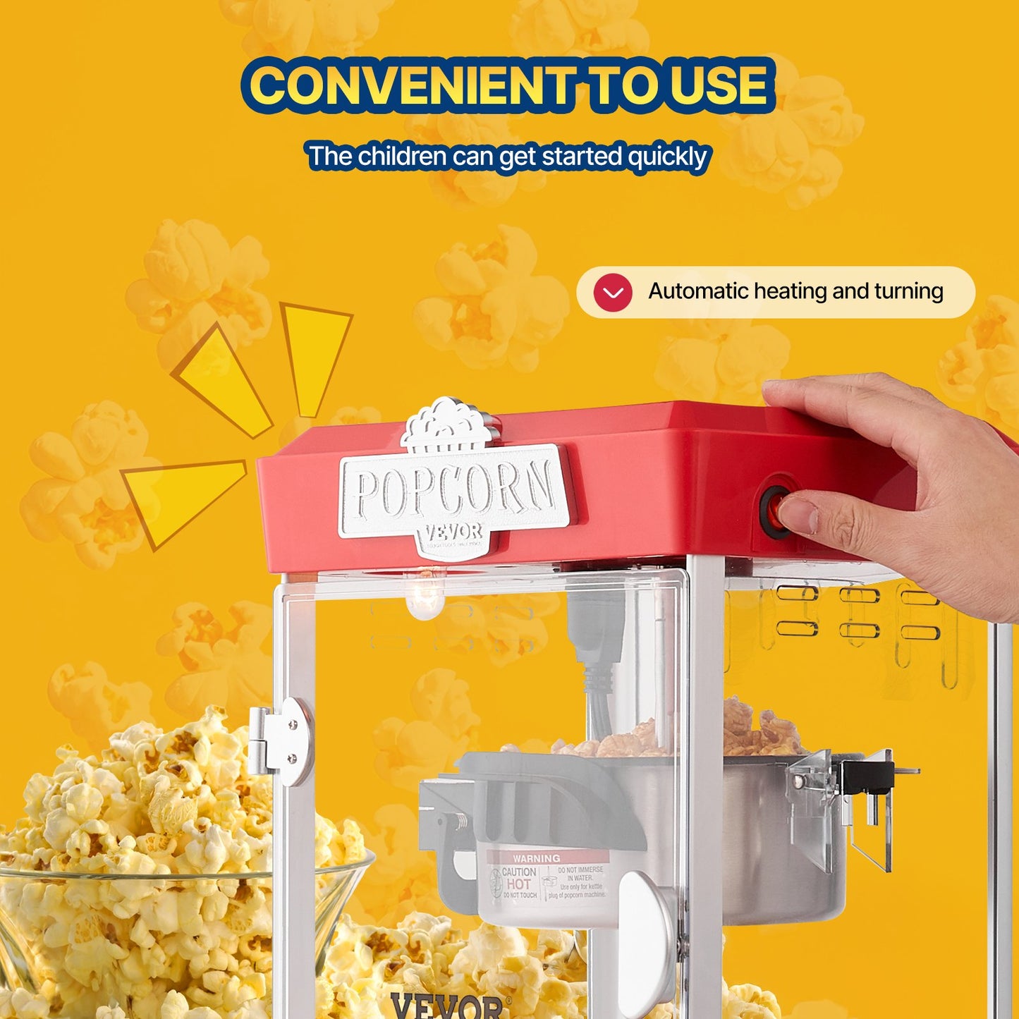 Popcornmaskin, 480W popcornmaskin, 115 ml vattenkokare ger 5,5 liter per sats, bordspopcornmaskin, inkluderar 3 skopor, biostil, röd