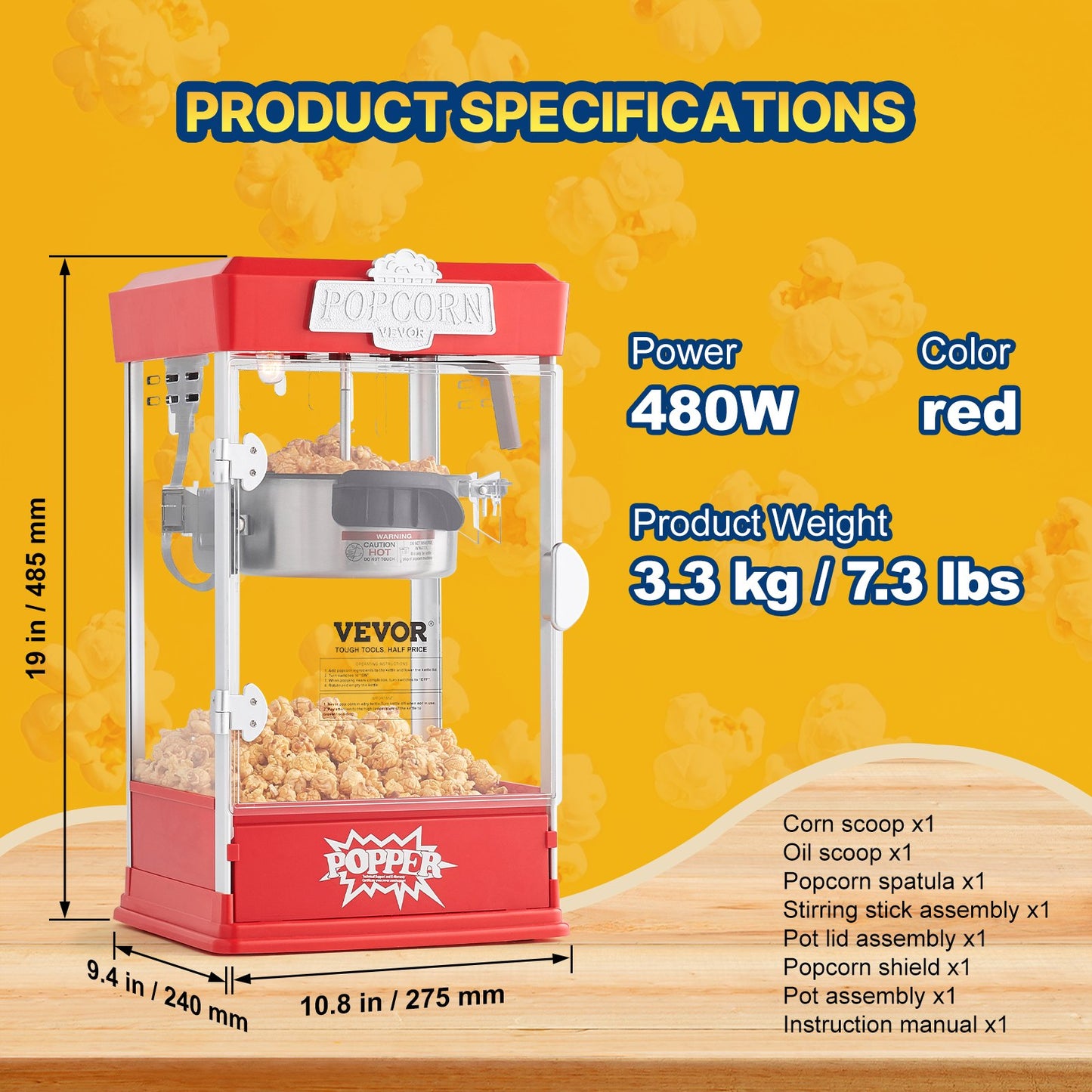 Popcornmaskin, 480W popcornmaskin, 115 ml vattenkokare ger 5,5 liter per sats, bordspopcornmaskin, inkluderar 3 skopor, biostil, röd