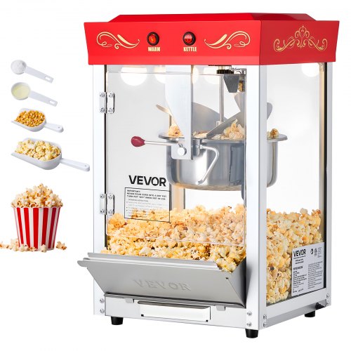 Popcornmaskin, 0,2 kg vattenkokare i rostfritt stål, 800 W popcornmaskin för kommersiell bänkskiva, 48 koppar per sats, popper i teaterstil, med 2-knappskontroll, glasvägg, PC-dörr, 1 skopa, 3 skedar, röd