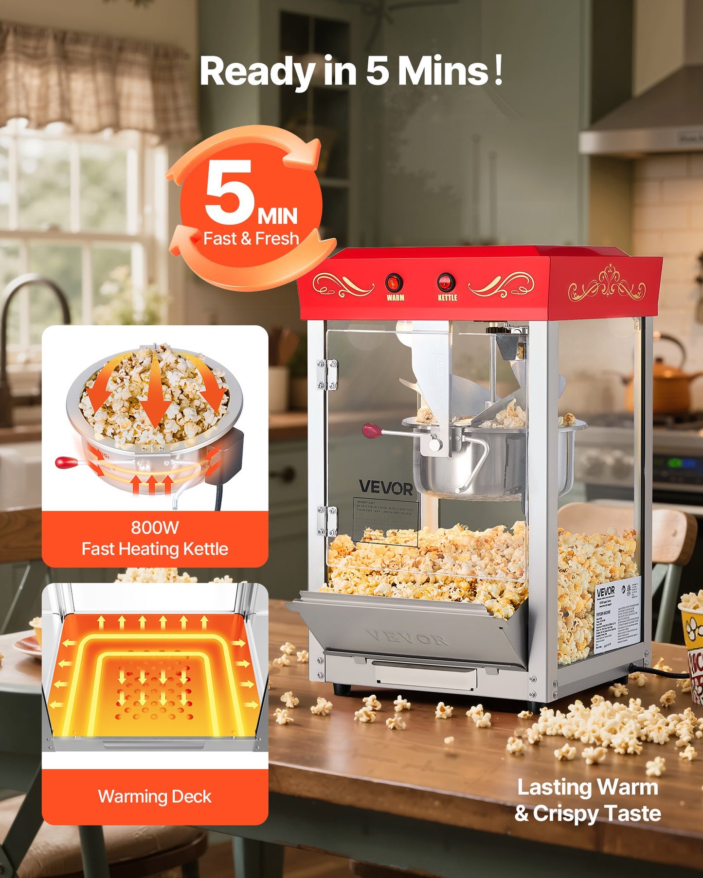 Popcornmaskin, 0,2 kg vattenkokare i rostfritt stål, 800 W popcornmaskin för kommersiell bänkskiva, 48 koppar per sats, popper i teaterstil, med 2-knappskontroll, glasvägg, PC-dörr, 1 skopa, 3 skedar, röd
