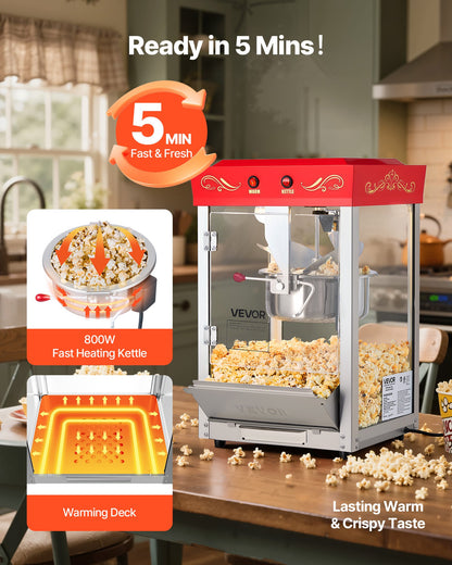 Popcornmaskin, 0,2 kg vattenkokare i rostfritt stål, 800 W popcornmaskin för kommersiell bänkskiva, 48 koppar per sats, popper i teaterstil, med 2-knappskontroll, glasvägg, PC-dörr, 1 skopa, 3 skedar, röd