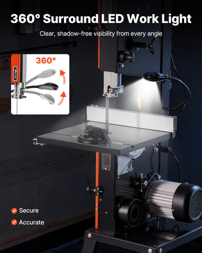 Band Saw with Stand, 254 mm, Two-Speed Benchtop Bandsaw, 373W 1/2 HP, 160 mm Max Cutting Height, 335 x 340 mm Cast Iron Table, with 360° Work Light, Miter Gauge, Fence, Band Saw for Woodworking
