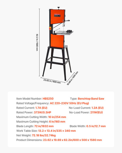 Band Saw with Stand, 254 mm, Two-Speed Benchtop Bandsaw, 373W 1/2 HP, 160 mm Max Cutting Height, 335 x 340 mm Cast Iron Table, with 360° Work Light, Miter Gauge, Fence, Band Saw for Woodworking