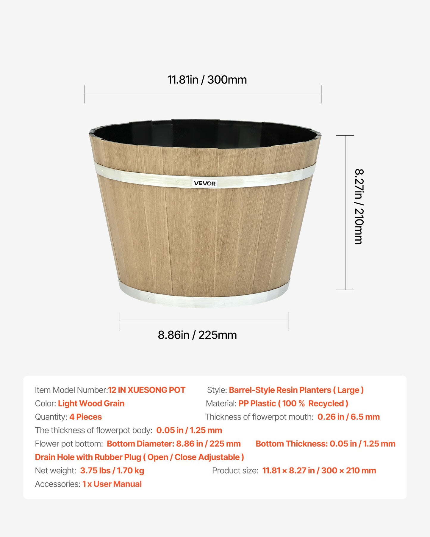 Växtkrukor, 4-pack 300 mm Whiskey Barrel-krukor med dräneringshål, stora utvändiga plastdekorationsblomkrukor med imiterad vinfatdesign för inomhus- och utomhusträdgård, brun