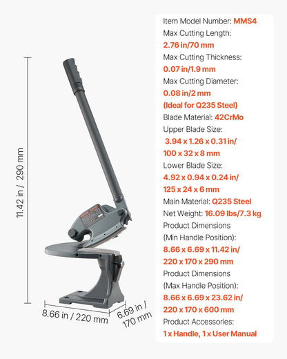 Sheet Metal Shear, Manual Plate Shear, Throatless Benchtop Sheet Cutter for Multiple Purpose, with Solid Steel Frame, Mounting Type, Max Cutting Thickness 1.9 mm for Steel Copper Rebar Aluminum