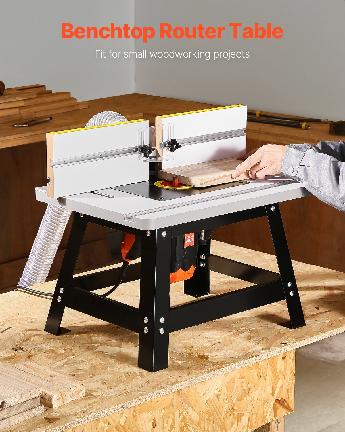 Benchtop Router Table, 610 x 400 mm / 24 in x 15.7 in, Bench Top Routing Table with Adjustable Fence, MDF Top, Sturdy Metal Base, 2-1/2 in Dust Collection Port, Compatible with Routes & Various Drill Bits