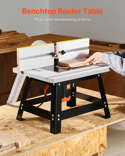 Benchtop Router Table, 610 x 400 mm / 24 in x 15.7 in, Bench Top Routing Table with Adjustable Fence, MDF Top, Sturdy Metal Base, 2-1/2 in Dust Collection Port, Compatible with Routes & Various Drill Bits