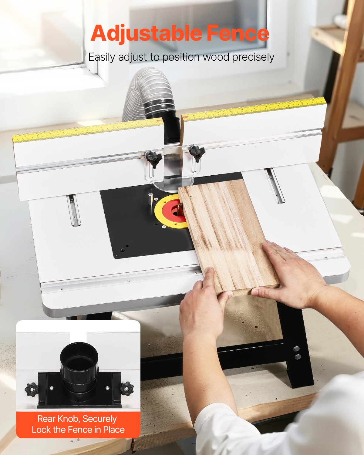 Benchtop Router Table, 610 x 400 mm / 24 in x 15.7 in, Bench Top Routing Table with Adjustable Fence, MDF Top, Sturdy Metal Base, 2-1/2 in Dust Collection Port, Compatible with Routes & Various Drill Bits