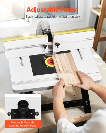 Benchtop Router Table, 610 x 400 mm / 24 in x 15.7 in, Bench Top Routing Table with Adjustable Fence, MDF Top, Sturdy Metal Base, 2-1/2 in Dust Collection Port, Compatible with Routes & Various Drill Bits