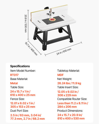 Benchtop Router Table, 610 x 400 mm / 24 in x 15.7 in, Bench Top Routing Table with Adjustable Fence, MDF Top, Sturdy Metal Base, 2-1/2 in Dust Collection Port, Compatible with Routes & Various Drill Bits
