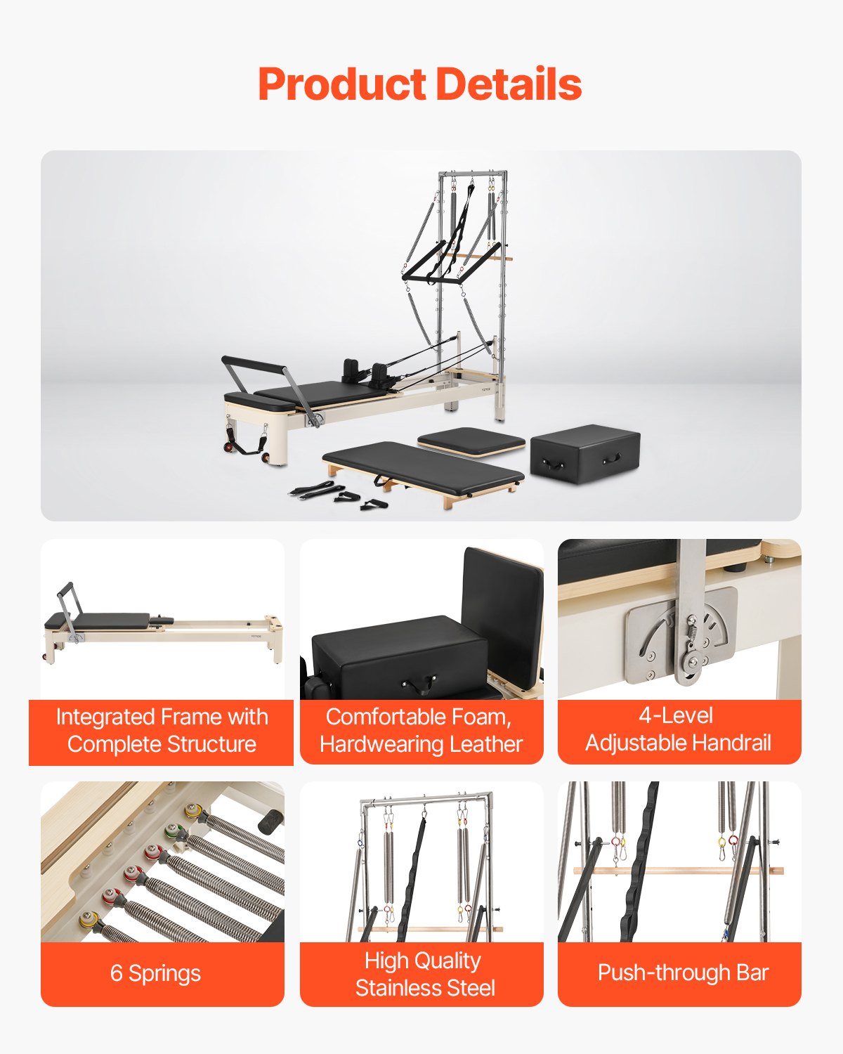 Pilates Reformer, Pilatesmaskin för hemmagym, styrketräningsutrustning med dubbelt motstånd, Reformer Box och hoppbräda, för avancerade användare och nybörjare, upp till 180 kg