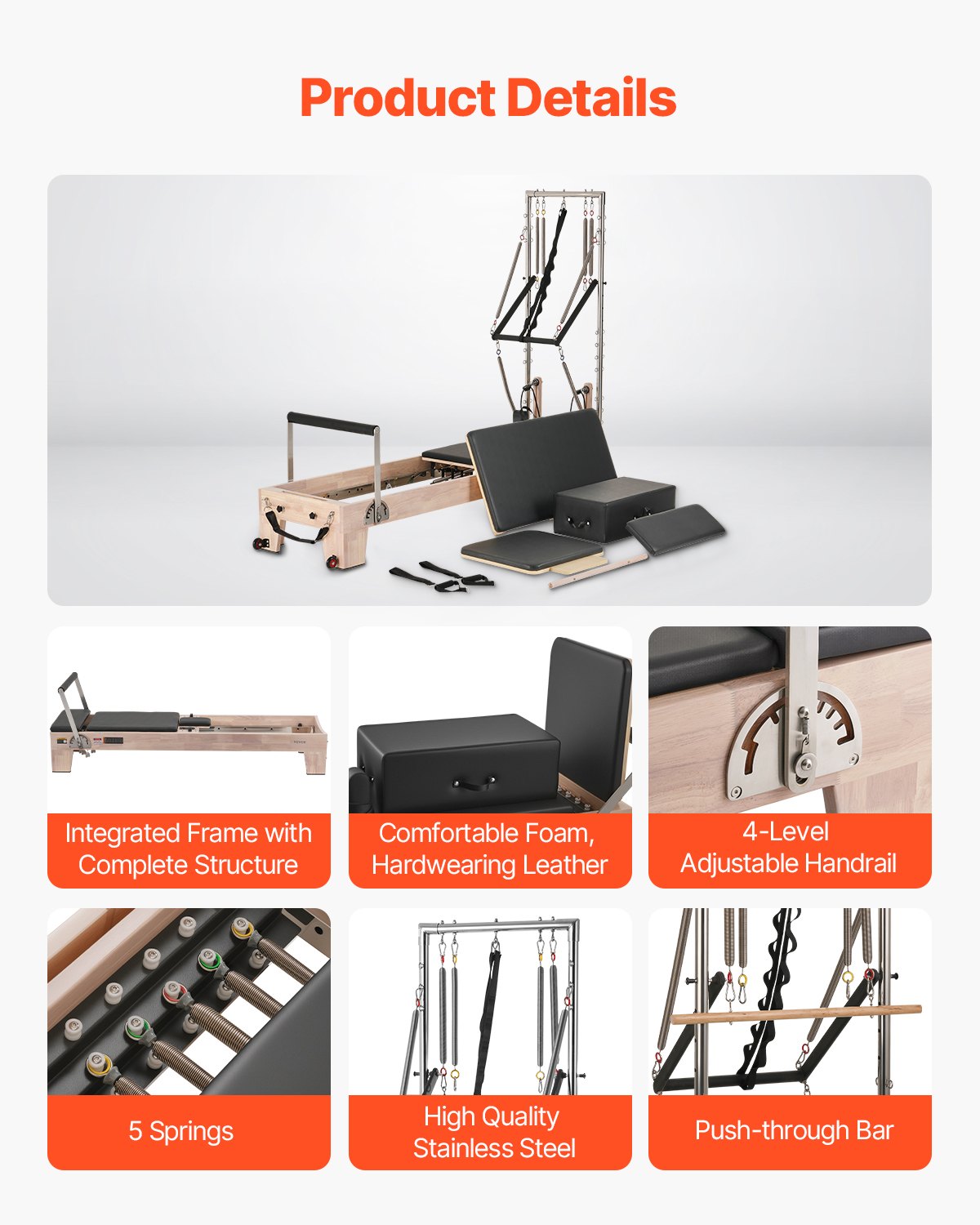 Pilates Reformer, Pilatesmaskin i trä för hemmagym, styrketräningsutrustning med dubbelt motstånd, Reformer Box, hoppbräda, för avancerade användare och nybörjare, upp till 180 kg