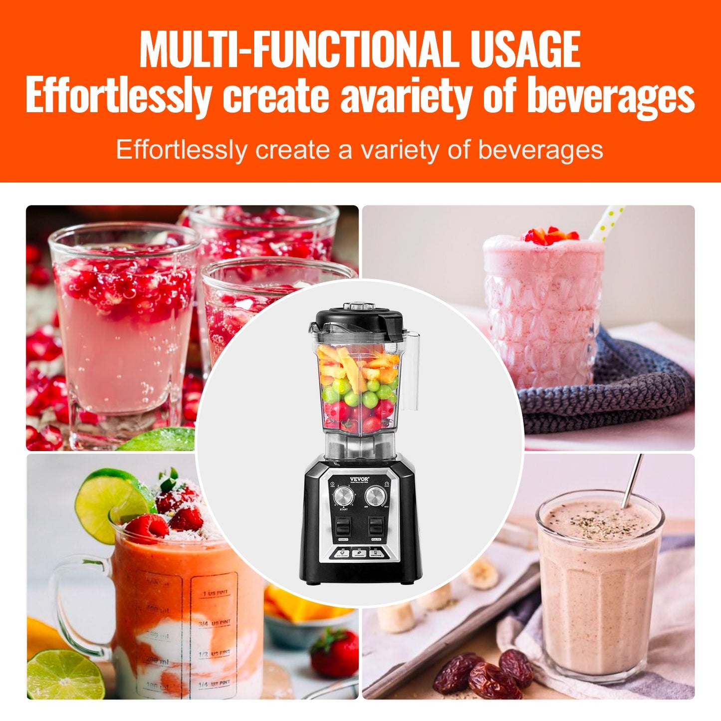 Professionell mixer, kommersiella bänkmixers, 68 oz plastkanna, mixerkombination i rostfritt stål med 3 funktioner, för frysta drycker, shakes, smoothies, peree och krossning av is, svart