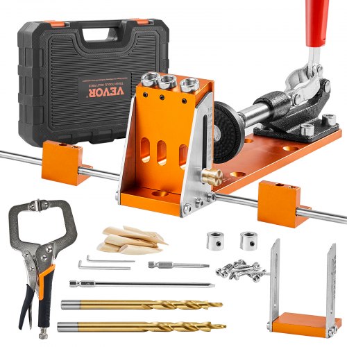 Pocket Hole Jig Kit, 34 Pcs Pocket Hole Jig System with 27.9 cm C-clamp, Fixture, Step Drills, Wrenches, Drill Stop Rings, Square Drive Bits, Toolbox, for DIY Carpentry Projects, Adjustable