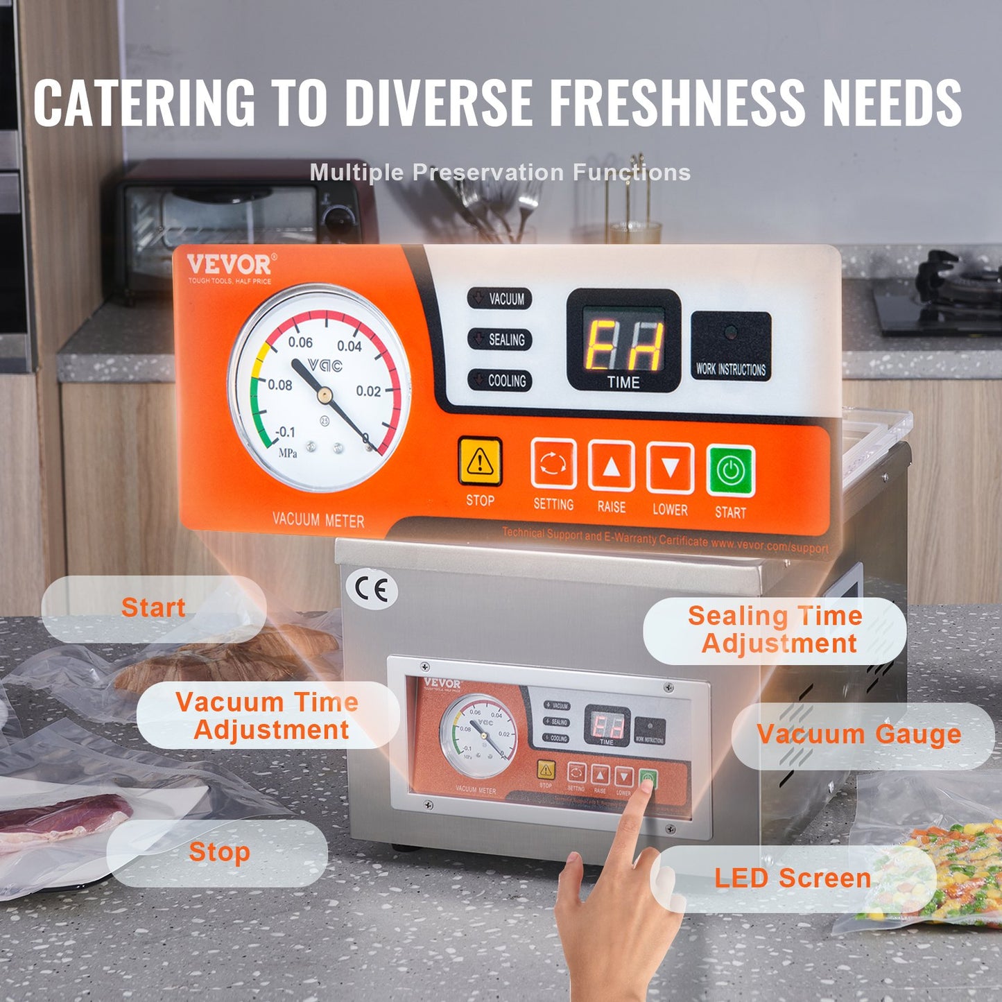 Kammarvakuumförslutare, 260W förslutningseffekt, vakuumförpackningsmaskin för våtmat, kött, marinader och mer, kompakt storlek med 25 cm förseglingslängd, används i hemmakök och kommersiellt bruk