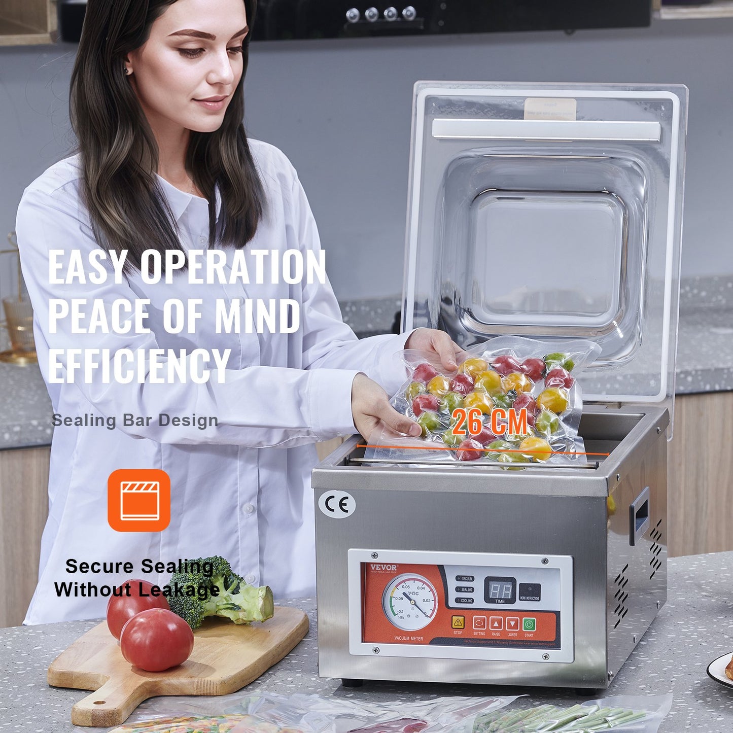 Kammarvakuumförslutare, 260W förslutningseffekt, vakuumförpackningsmaskin för våtmat, kött, marinader och mer, kompakt storlek med 25 cm förseglingslängd, används i hemmakök och kommersiellt bruk
