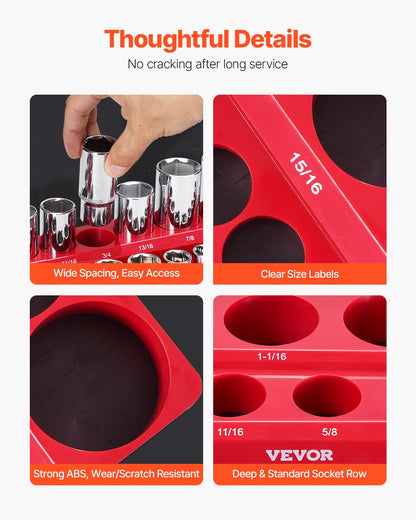 Magnetisk hylshållare, 3 delar magnetiska hylshållare, 1/4'', 3/8'' och 1/2'' SAE-hylshållarbrickor med tydliga etiketter, Rymmer upp till 68 delar standard- och djupa hylsor, Röda (hylsor ingår ej)