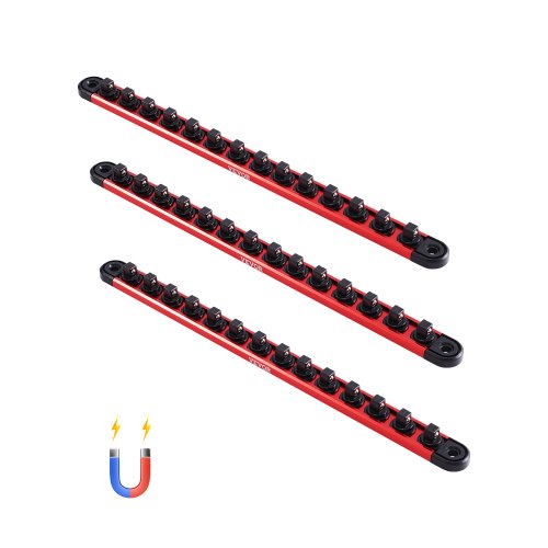 Hylsnyckelhållare, 3 delar hylsnyckelhållare i metrisk och SAE-aluminium, 1/4'', 3/8'' och 1/2'' kraftig hylsnyckelhållare med 360° roterande klämmor för verktygslåda, rymmer upp till 40 hylsor, röd och svart