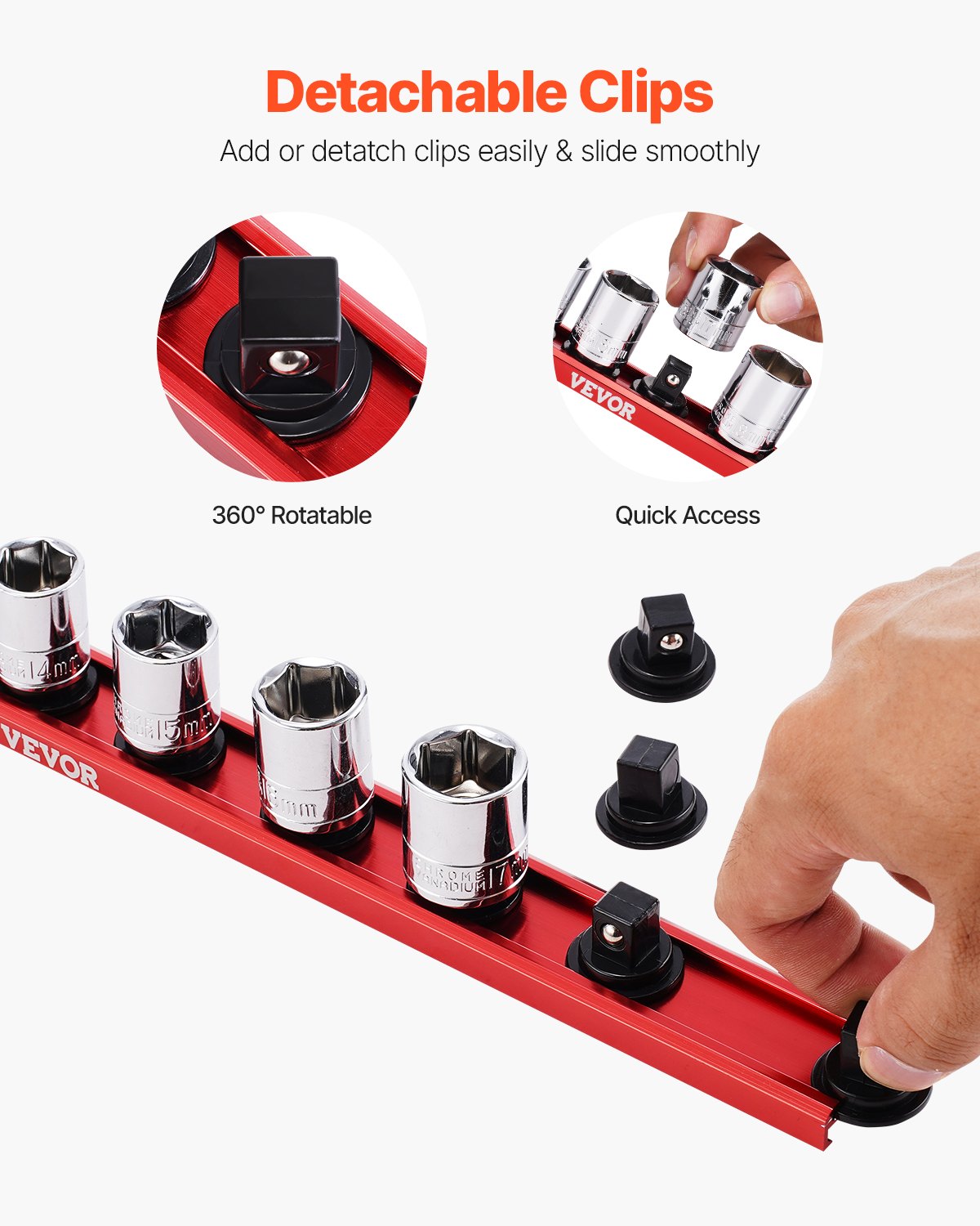 Hylsnyckelhållare, 3 delar hylsnyckelhållare i metrisk och SAE-aluminium, 1/4'', 3/8'' och 1/2'' kraftig hylsnyckelhållare med 360° roterande klämmor för verktygslåda, rymmer upp till 40 hylsor, röd och svart