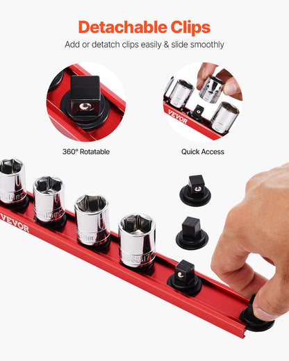 Hylsnyckelhållare, 3 delar hylsnyckelhållare i metrisk och SAE-aluminium, 1/4'', 3/8'' och 1/2'' kraftig hylsnyckelhållare med 360° roterande klämmor för verktygslåda, rymmer upp till 40 hylsor, röd och svart