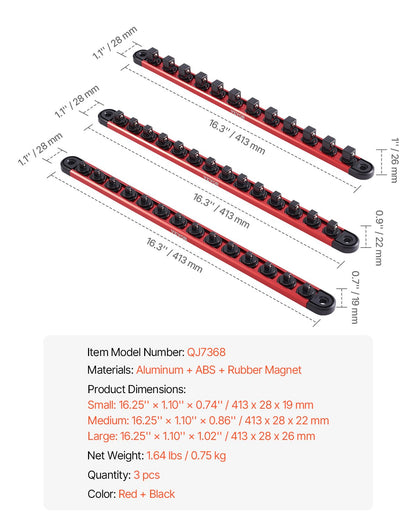 Hylsnyckelhållare, 3 delar hylsnyckelhållare i metrisk och SAE-aluminium, 1/4'', 3/8'' och 1/2'' kraftig hylsnyckelhållare med 360° roterande klämmor för verktygslåda, rymmer upp till 40 hylsor, röd och svart