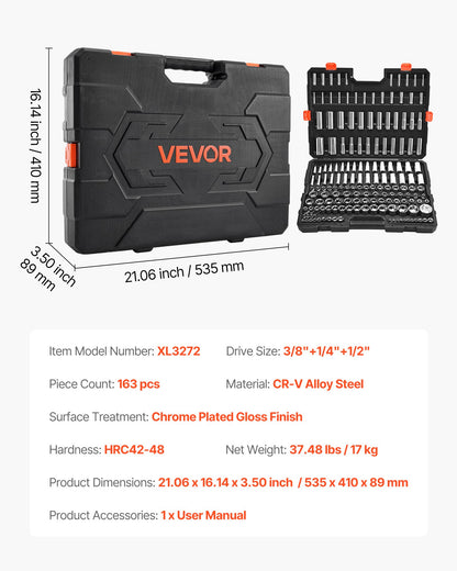 Hylsnyckelsats, 163 delar, 9,5 &amp; 6,4 &amp; 12,7 mm hylsnyckelverktygssats, SAE och metrisk, djup och standard, mekanisk verktygssats med förvaringsfodral, förkromad CR-V-legeringsstål, för bilreparationer