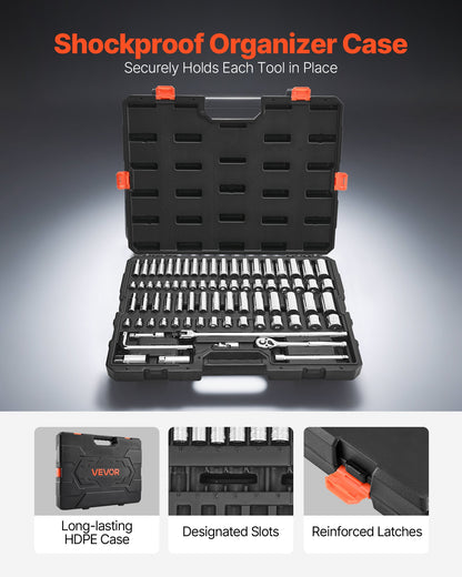 Hylsnyckelsats, 76 delar, 9,5 mm hylsnyckel- och spärrhakesats, SAE och metrisk, djup och grund, mekanisk verktygssats med tillbehör och förvaringsväska, CR-V legerat stål, för bilreparationer