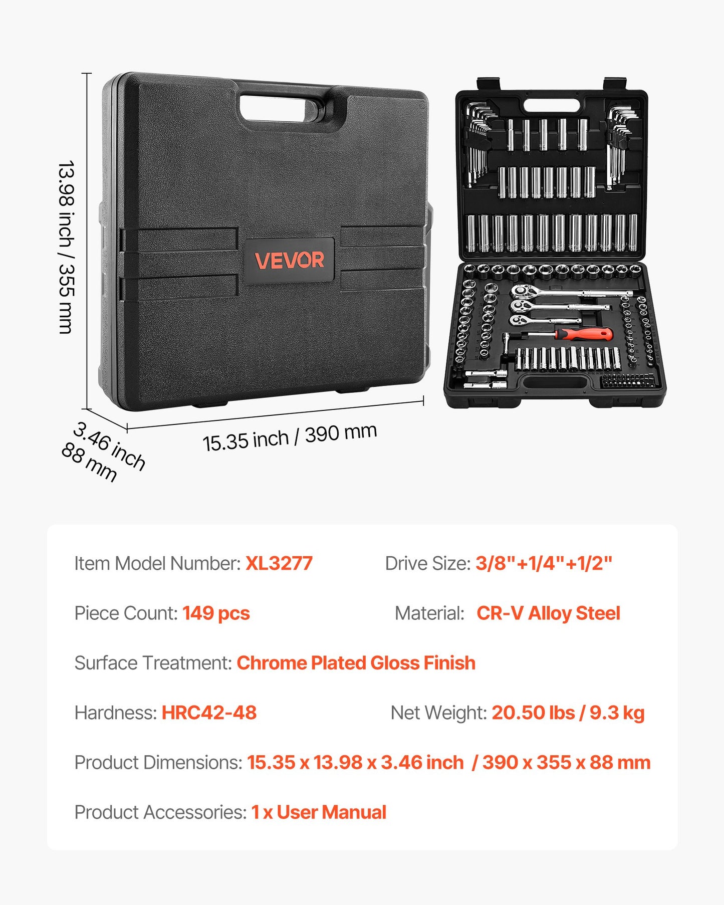 Hylsnyckelsats, 149 delar, 9,5 &amp; 6,4 &amp; 12,7 mm hylsnyckel- och spärrhakesats, SAE och metrisk, djup och grund, mekanisk verktygssats med bits, tillbehör, förvaringsväska, CR-V legerat stål, för reparation