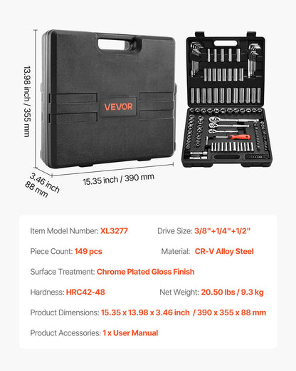 Hylsnyckelsats, 149 delar, 9,5 &amp; 6,4 &amp; 12,7 mm hylsnyckel- och spärrhakesats, SAE och metrisk, djup och grund, mekanisk verktygssats med bits, tillbehör, förvaringsväska, CR-V legerat stål, för reparation
