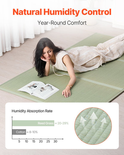 Japansk tatamimatta, hopfällbar japansk tatamimadrass i queen size (naturligt rusgräs), japansk golvmadrass med halkfri baksida och frisk doft, futonmadrass för sömn, meditation, yoga