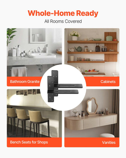 T-hyllakonsoler 2 st, 90 kg viktkapacitet, 12x2,89x12 tum / 304,8x73,5x304,8 mm, massiva stålkonsoler för kraftiga hyllor, bänkskivsstöd, flytande konsolbeslag med skruvar