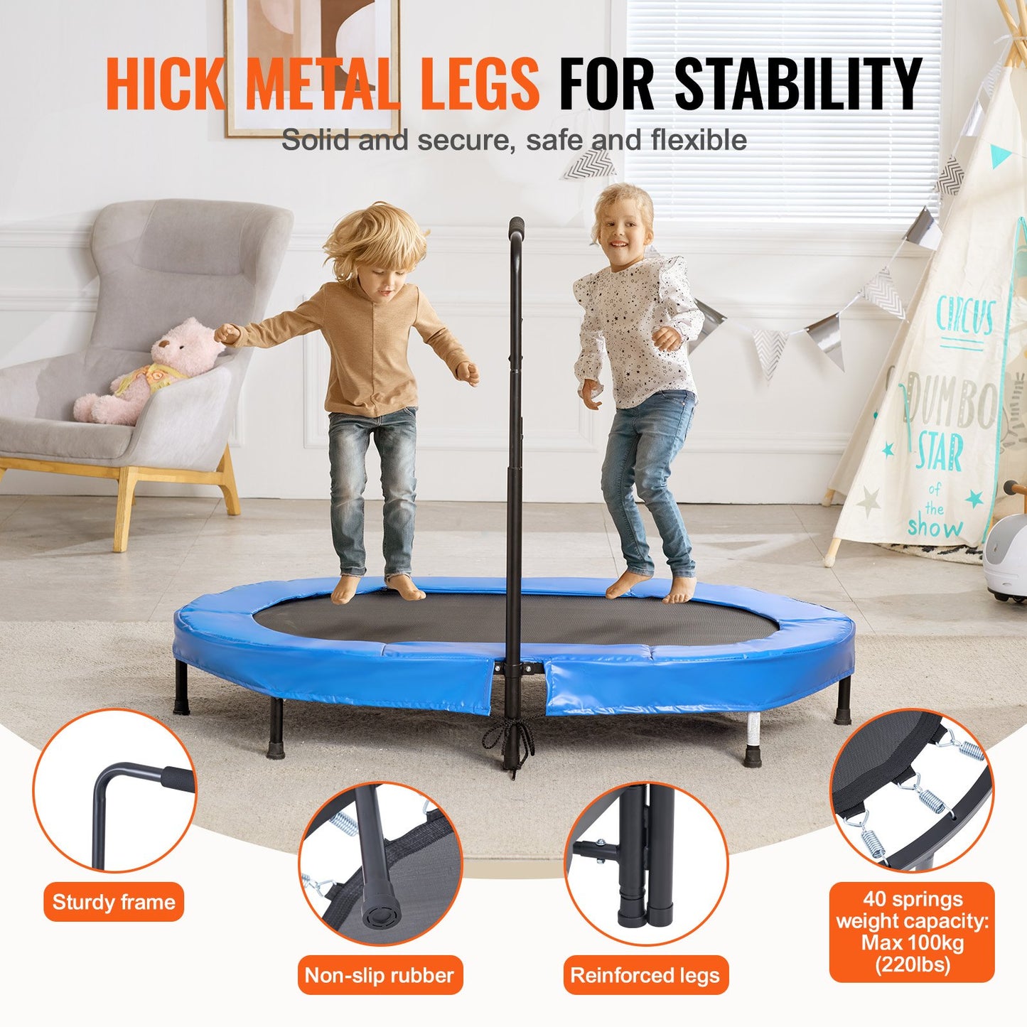 Barntrampolin, 56x36 tum inomhus- och utomhustrampolin, hopfällbar minitrampolin med handtag, reboundertrampolin för småbarn, födelsedagspresent för barn från 3 år, pojkar och flickor för skojs skull, Bule