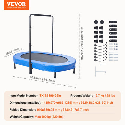 Barntrampolin, 56x36 tum inomhus- och utomhustrampolin, hopfällbar minitrampolin med handtag, reboundertrampolin för småbarn, födelsedagspresent för barn från 3 år, pojkar och flickor för skojs skull, Bule