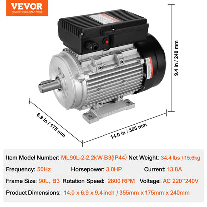 2,2 kW elmotor 2800 rpm, AC 220~240V 13,8A, 90 l, B3-ram, luftkompressormotor enfas, 24 mm kilaxel, medurs/moturs rotation för jordbruksmaskiner och allmän utrustning
