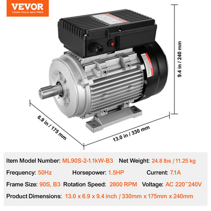 1,1 kW elmotor 2800 rpm, AC 220~240 V 7,1 A, 90 S, B3-ram, luftkompressormotor enfas, 24 mm kilaxel, medurs/moturs rotation för jordbruksmaskiner och allmän utrustning