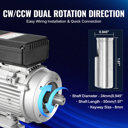 1.1KW Electric Motor 2800 rpm, AC 220~240V 7.1A, 90S, B34 Frame, Air Compressor Motor Single Phase, 24mm Keyed Shaft, CW/CCW Rotation for Agricultural Machinery and General Equipment