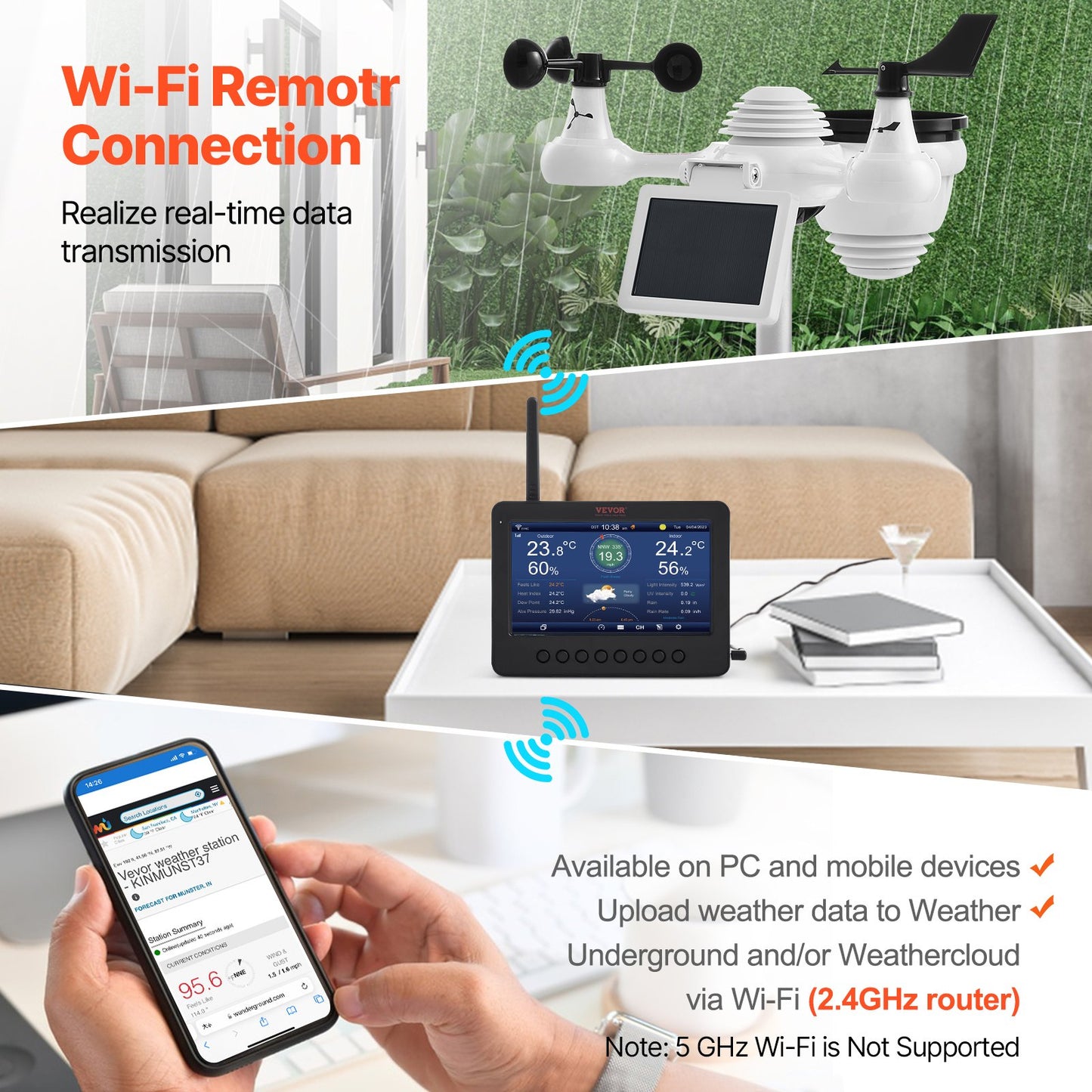 7-i-1 Wi-Fi väderstation 186 mm (7 tum) TFT-skärm trådlös utomhussensor