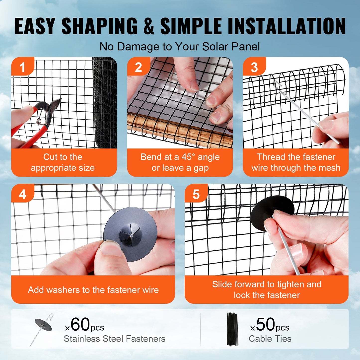 15.24 x 3048 cm Solar Panel Bird Guard, Critter Guard Roll Kit with 60pcs Aluminum Alloy Fasteners, Solar Panel Guard with Rust-proof PVC Coating, 12.7 mm Wire Roll Mesh