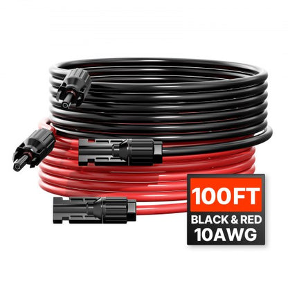 30,48 m/100 fot förlängningskabel för solpaneler, 6 mm²/10 AWG förlängningskabel för solpaneler med vattentäta hon- och hankontakter, 6 mm² PV-kabel för solpaneler i hemmet, på fartyg och husbilar, 30,48 m/100 fot svart + 30,48 m/100 fot röd (set om 2)