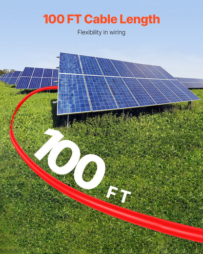 30,48 m/100 fot förlängningskabel för solpaneler, 6 mm²/10 AWG förlängningskabel för solpaneler med vattentäta hon- och hankontakter, 6 mm² PV-kabel för solpaneler i hemmet, på fartyg och husbilar, 30,48 m/100 fot svart + 30,48 m/100 fot röd (set om 2)